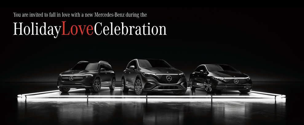 Mercedes-Benz Holiday Love Celebration banner featuring three Mercedes-Benz vehicles